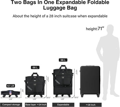 Expandable Luggage Bags for Travel Foldable Suitcase with Wheels Collapsible Rolling Travel Duffle Bag Lightweight Large Suitcases without Telescoping Handle, Blue