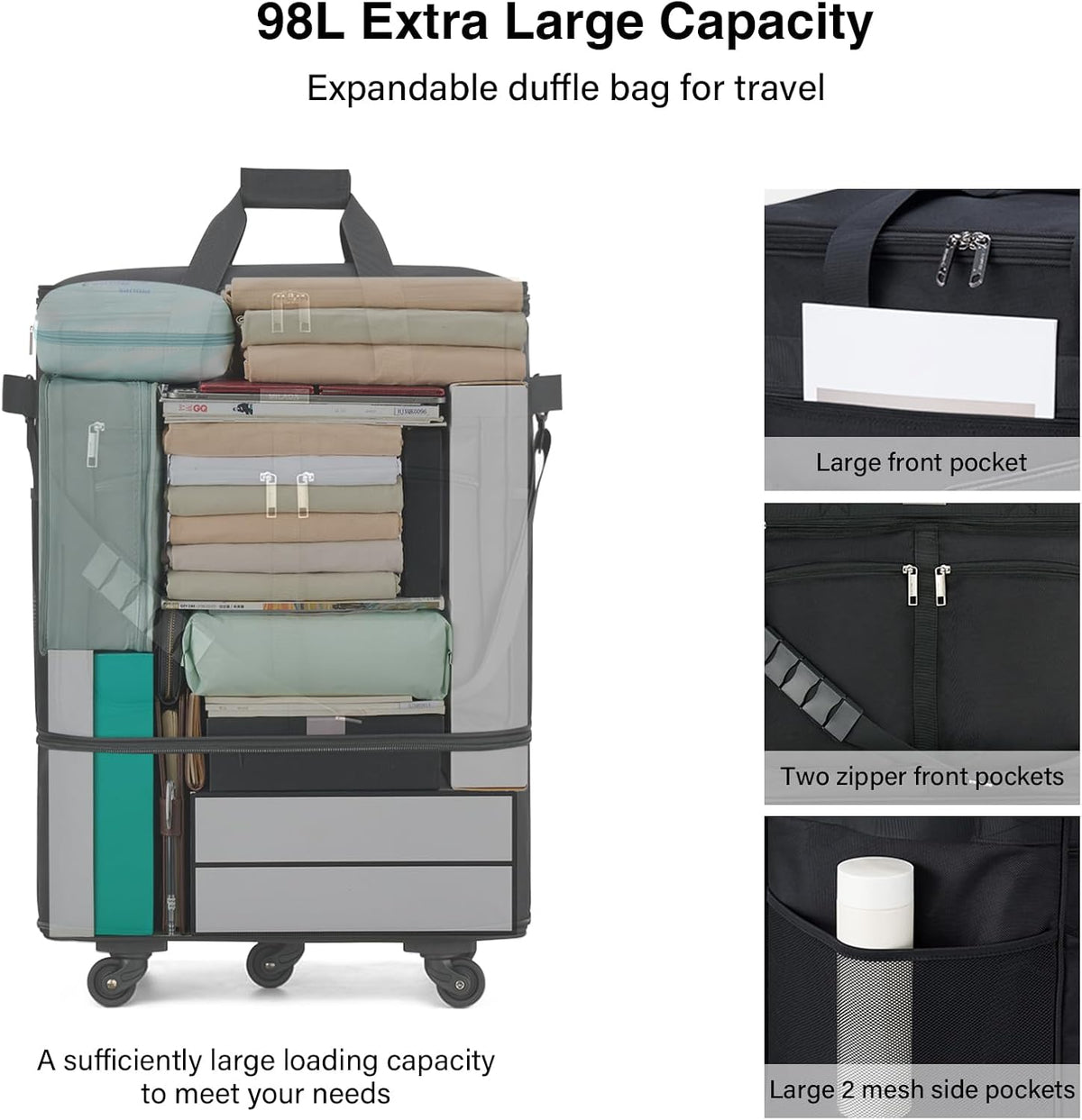 Expandable Luggage Bags for Travel Foldable Suitcase with Wheels Collapsible Rolling Travel Duffle Bag Lightweight Large Suitcases without Telescoping Handle, Blue