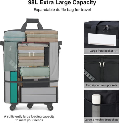 Expandable Luggage Bags for Travel Foldable Suitcase with Wheels Collapsible Rolling Travel Duffle Bag Lightweight Large Suitcases without Telescoping Handle, Blue
