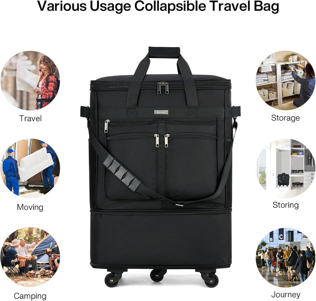 Expandable Luggage Bags for Travel Foldable Suitcase with Wheels Collapsible Rolling Travel Duffle Bag Lightweight Large Suitcases without Telescoping Handle, Blue