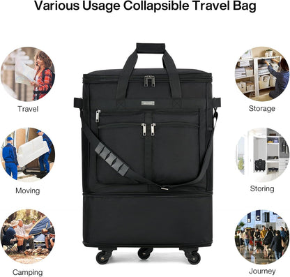 Expandable Luggage Bags for Travel Foldable Suitcase with Wheels Collapsible Rolling Travel Duffle Bag Lightweight Large Suitcases without Telescoping Handle, Blue