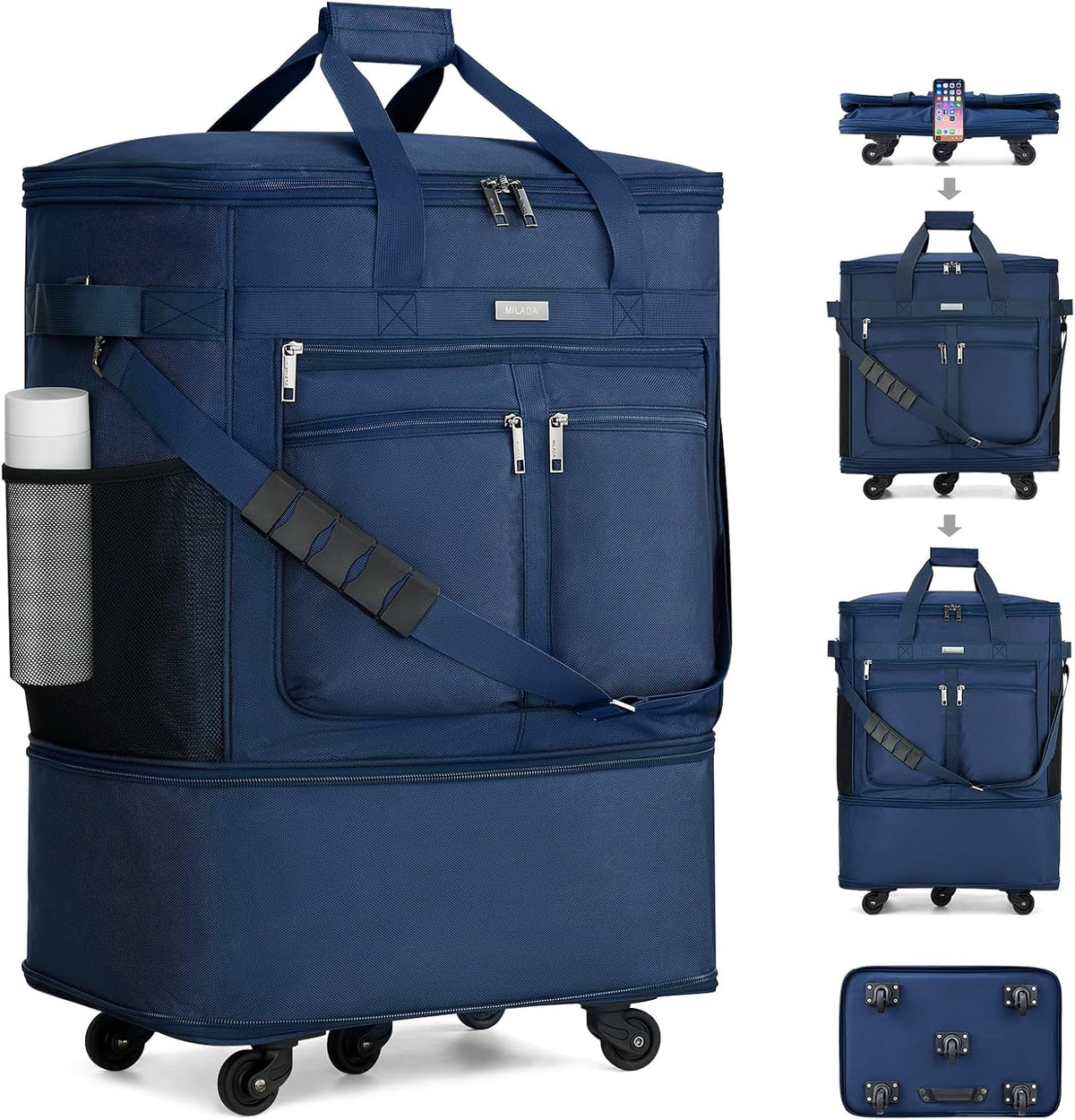 Expandable Luggage Bags for Travel Foldable Suitcase with Wheels Collapsible Rolling Travel Duffle Bag Lightweight Large Suitcases without Telescoping Handle, Blue