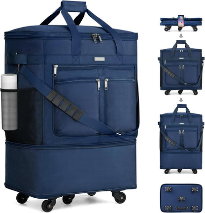 Expandable Luggage Bags for Travel Foldable Suitcase with Wheels Collapsible Rolling Travel Duffle Bag Lightweight Large Suitcases without Telescoping Handle, Blue