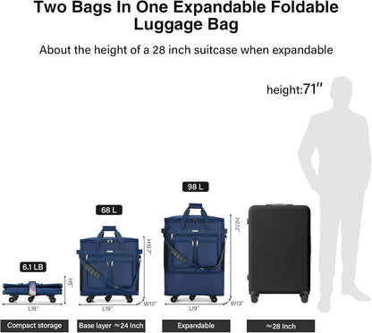 Expandable Luggage Bags for Travel Foldable Suitcase with Wheels Collapsible Rolling Travel Duffle Bag Lightweight Large Suitcases without Telescoping Handle, Blue