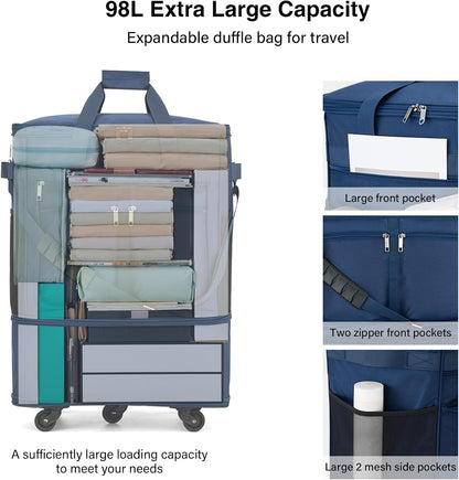 Expandable Luggage Bags for Travel Foldable Suitcase with Wheels Collapsible Rolling Travel Duffle Bag Lightweight Large Suitcases without Telescoping Handle, Blue