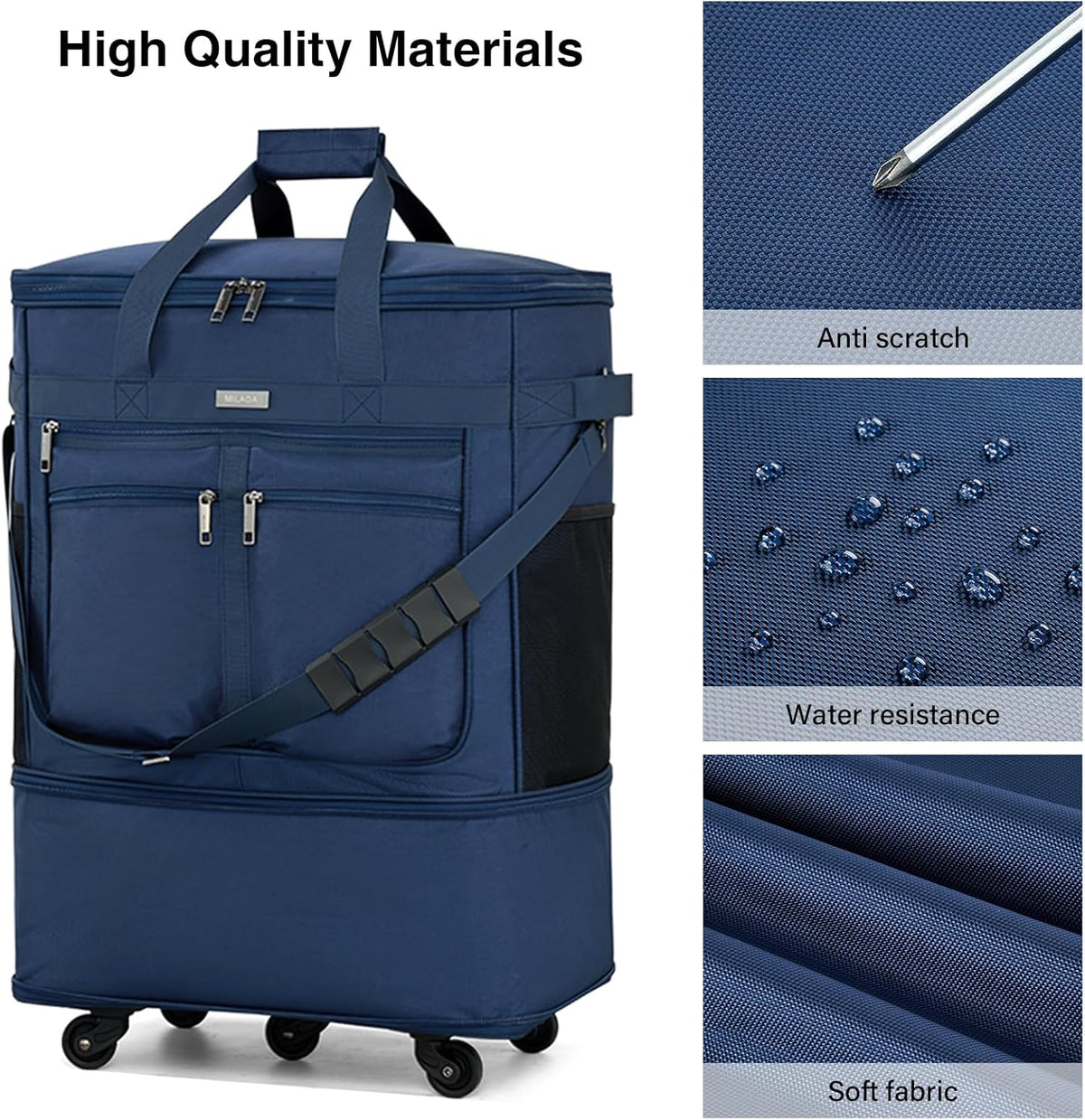 Expandable Luggage Bags for Travel Foldable Suitcase with Wheels Collapsible Rolling Travel Duffle Bag Lightweight Large Suitcases without Telescoping Handle, Blue