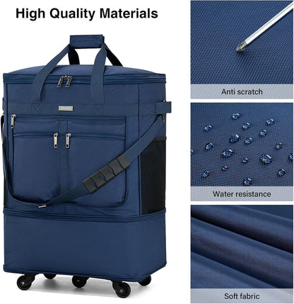 Expandable Luggage Bags for Travel Foldable Suitcase with Wheels Collapsible Rolling Travel Duffle Bag Lightweight Large Suitcases without Telescoping Handle, Blue