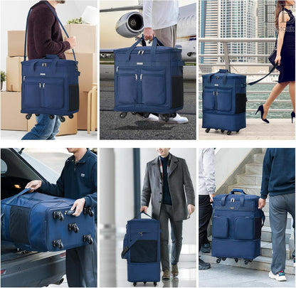 Expandable Luggage Bags for Travel Foldable Suitcase with Wheels Collapsible Rolling Travel Duffle Bag Lightweight Large Suitcases without Telescoping Handle, Blue