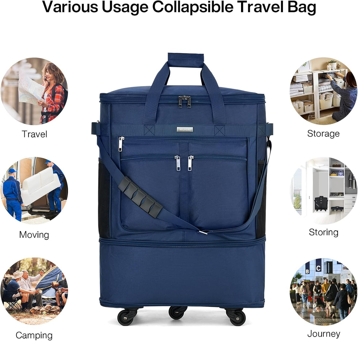 Expandable Luggage Bags for Travel Foldable Suitcase with Wheels Collapsible Rolling Travel Duffle Bag Lightweight Large Suitcases without Telescoping Handle, Blue