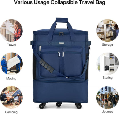Expandable Luggage Bags for Travel Foldable Suitcase with Wheels Collapsible Rolling Travel Duffle Bag Lightweight Large Suitcases without Telescoping Handle, Blue