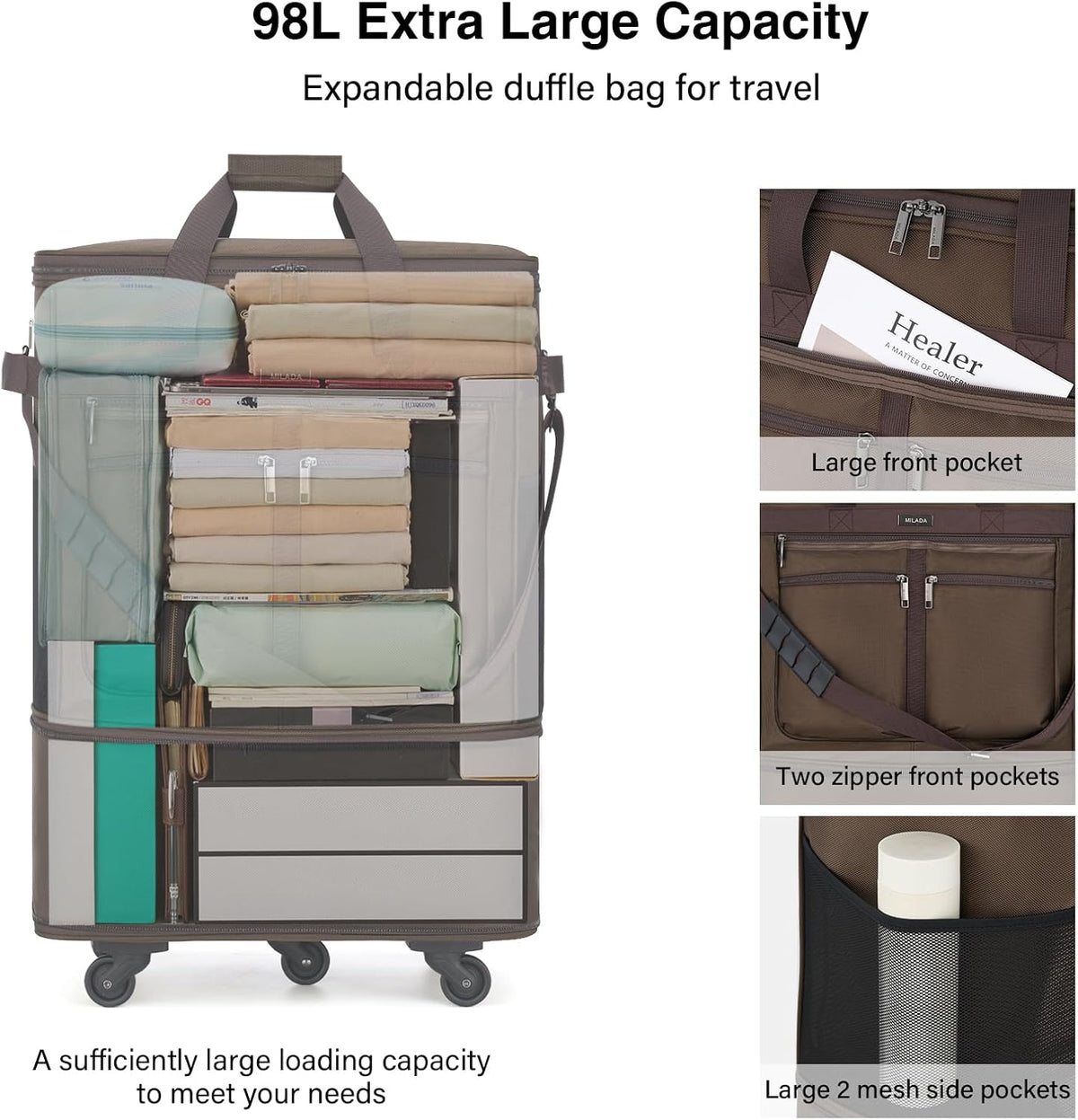 Expandable Luggage Bags for Travel Foldable Suitcase with Wheels Collapsible Rolling Travel Duffle Bag Lightweight Large Suitcases without Telescoping Handle, Blue