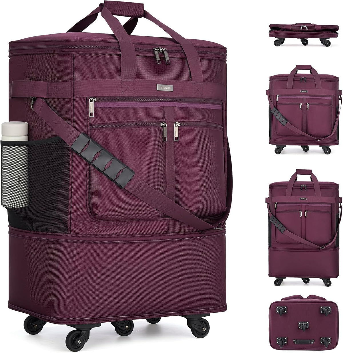 Expandable Luggage Bags for Travel Foldable Suitcase with Wheels Collapsible Rolling Travel Duffle Bag Lightweight Large Suitcases without Telescoping Handle, Blue