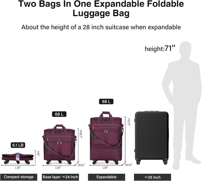 Expandable Luggage Bags for Travel Foldable Suitcase with Wheels Collapsible Rolling Travel Duffle Bag Lightweight Large Suitcases without Telescoping Handle, Blue