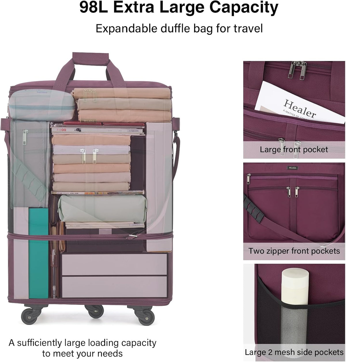 Expandable Luggage Bags for Travel Foldable Suitcase with Wheels Collapsible Rolling Travel Duffle Bag Lightweight Large Suitcases without Telescoping Handle, Blue