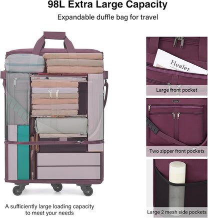 Expandable Luggage Bags for Travel Foldable Suitcase with Wheels Collapsible Rolling Travel Duffle Bag Lightweight Large Suitcases without Telescoping Handle, Blue