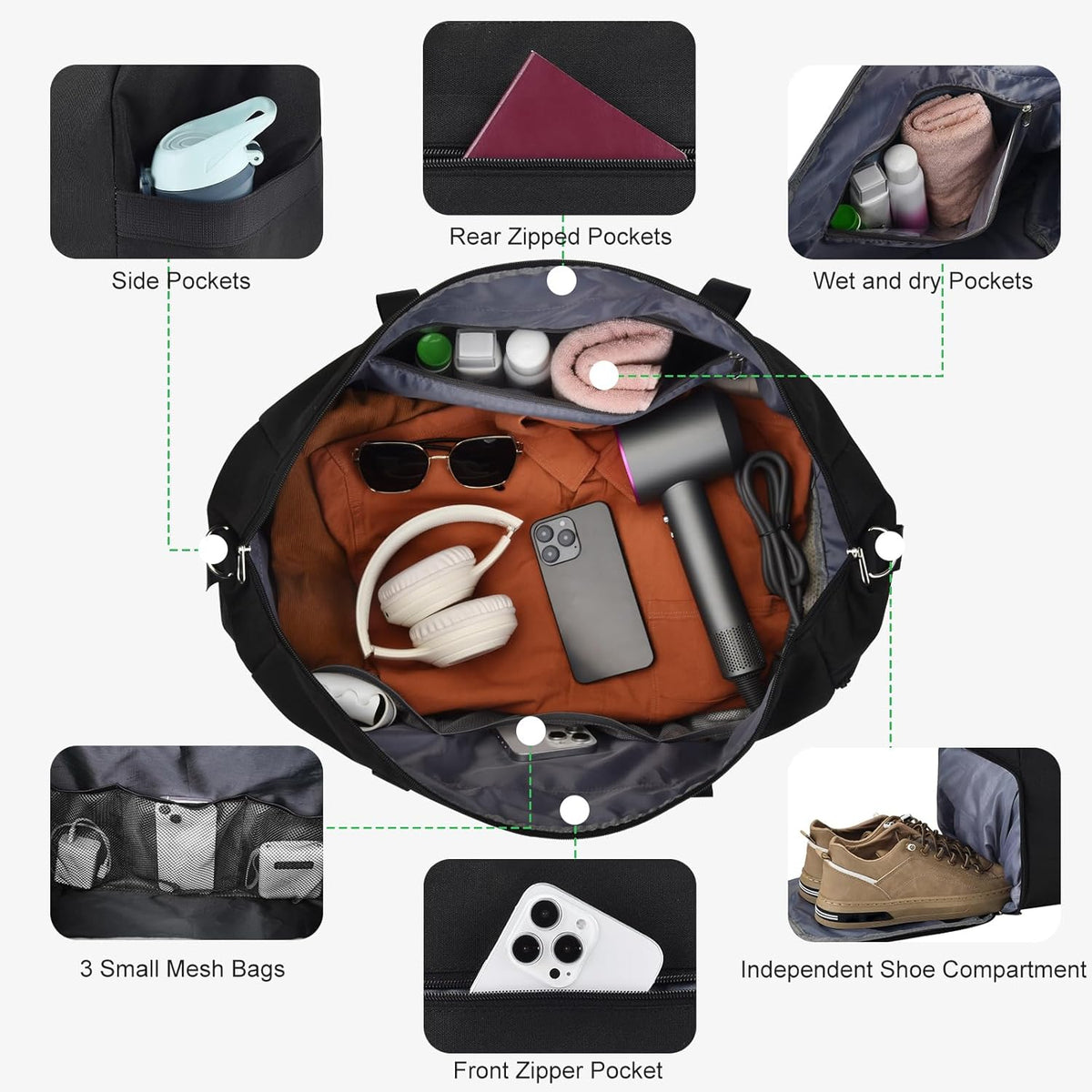 65L Duffle Bag with Shoes Compartment, Foldable Carry on Bag Travel Duffel Bags Overnight weekender Gym Bag with Wet Pocket for Women Men(Grey)
