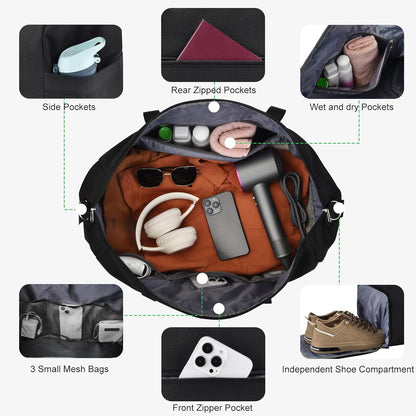 65L Duffle Bag with Shoes Compartment, Foldable Carry on Bag Travel Duffel Bags Overnight weekender Gym Bag with Wet Pocket for Women Men(Grey)