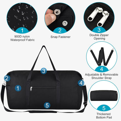 65L Duffle Bag with Shoes Compartment, Foldable Carry on Bag Travel Duffel Bags Overnight weekender Gym Bag with Wet Pocket for Women Men(Grey)