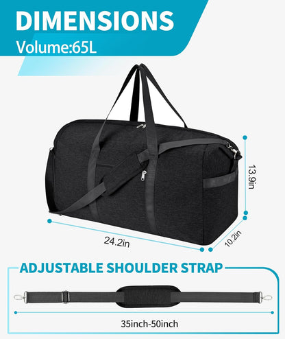 65L Duffle Bag with Shoes Compartment, Foldable Carry on Bag Travel Duffel Bags Overnight weekender Gym Bag with Wet Pocket for Women Men(Grey)