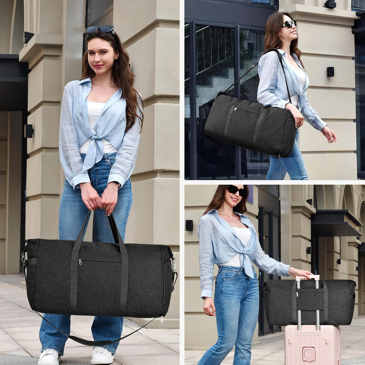 65L Duffle Bag with Shoes Compartment, Foldable Carry on Bag Travel Duffel Bags Overnight weekender Gym Bag with Wet Pocket for Women Men(Grey)