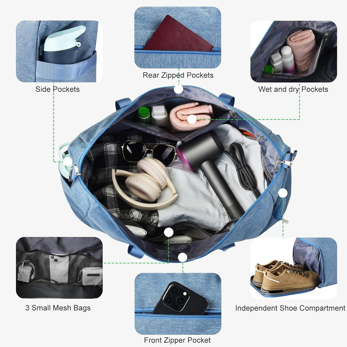65L Duffle Bag with Shoes Compartment, Foldable Carry on Bag Travel Duffel Bags Overnight weekender Gym Bag with Wet Pocket for Women Men(Grey)