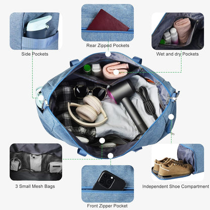 65L Duffle Bag with Shoes Compartment, Foldable Carry on Bag Travel Duffel Bags Overnight weekender Gym Bag with Wet Pocket for Women Men(Grey)