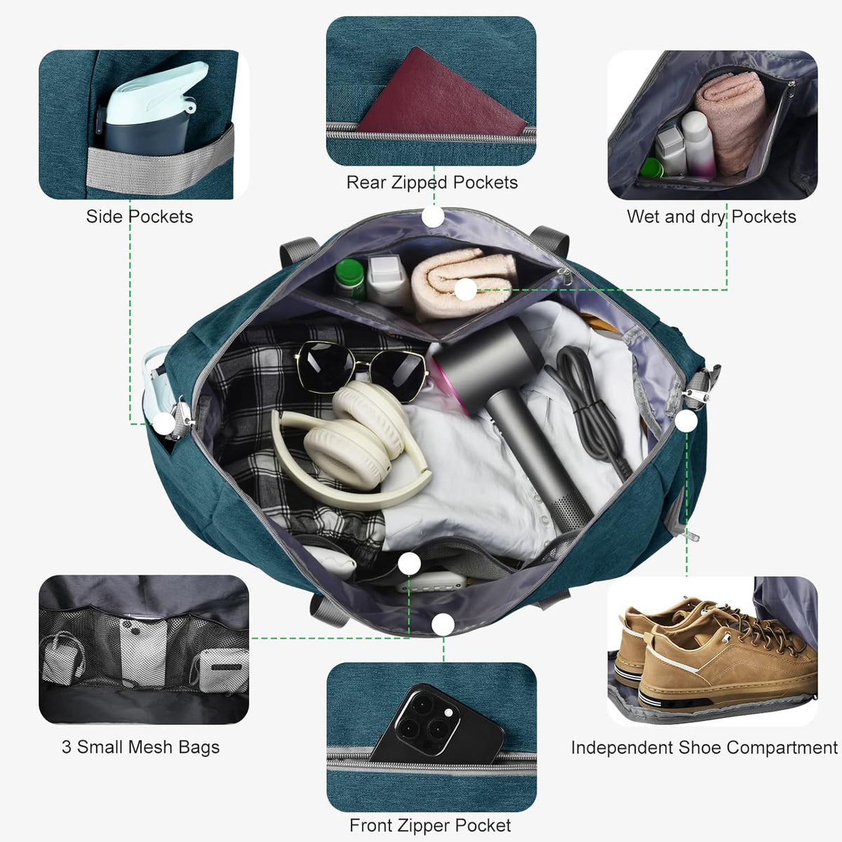 65L Duffle Bag with Shoes Compartment, Foldable Carry on Bag Travel Duffel Bags Overnight weekender Gym Bag with Wet Pocket for Women Men(Grey)