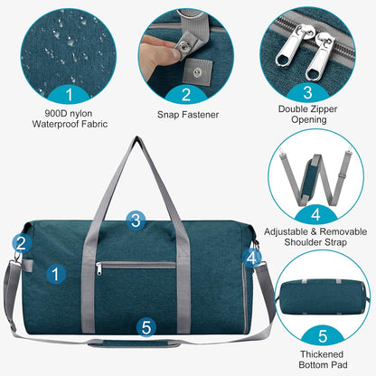 65L Duffle Bag with Shoes Compartment, Foldable Carry on Bag Travel Duffel Bags Overnight weekender Gym Bag with Wet Pocket for Women Men(Grey)
