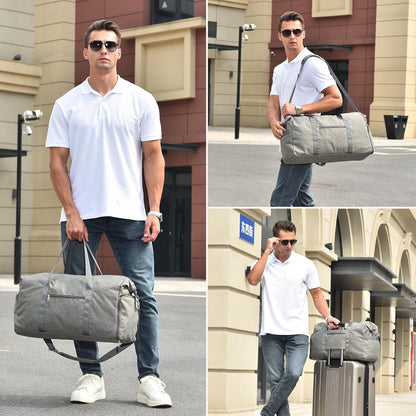 65L Duffle Bag with Shoes Compartment, Foldable Carry on Bag Travel Duffel Bags Overnight weekender Gym Bag with Wet Pocket for Women Men(Grey)