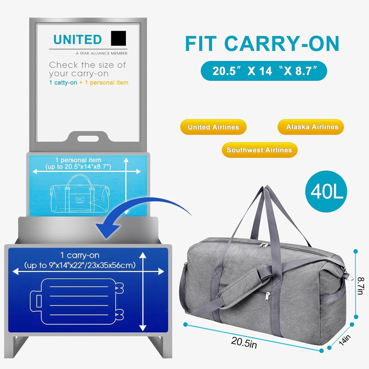 65L Duffle Bag with Shoes Compartment, Foldable Carry on Bag Travel Duffel Bags Overnight weekender Gym Bag with Wet Pocket for Women Men(Grey)