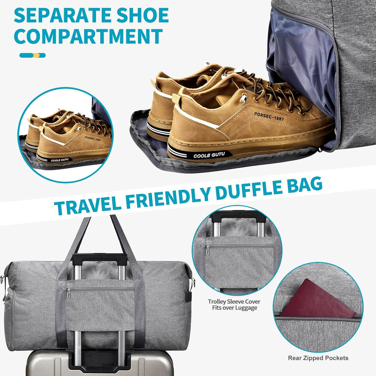 65L Duffle Bag with Shoes Compartment, Foldable Carry on Bag Travel Duffel Bags Overnight weekender Gym Bag with Wet Pocket for Women Men(Grey)