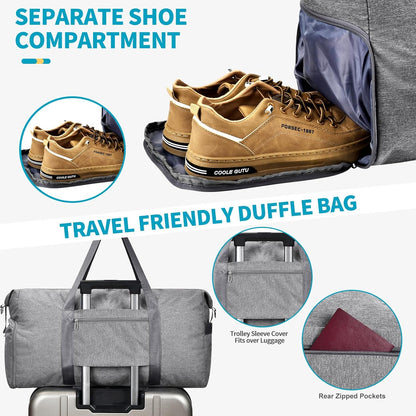 65L Duffle Bag with Shoes Compartment, Foldable Carry on Bag Travel Duffel Bags Overnight weekender Gym Bag with Wet Pocket for Women Men(Grey)