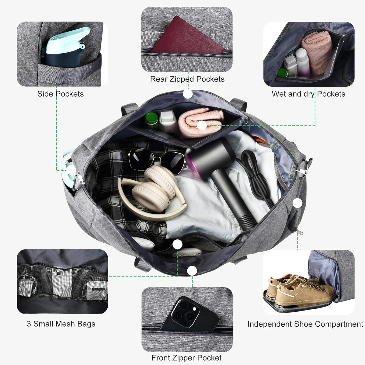 65L Duffle Bag with Shoes Compartment, Foldable Carry on Bag Travel Duffel Bags Overnight weekender Gym Bag with Wet Pocket for Women Men(Grey)