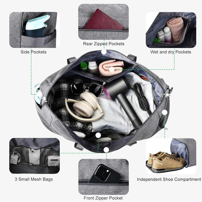 65L Duffle Bag with Shoes Compartment, Foldable Carry on Bag Travel Duffel Bags Overnight weekender Gym Bag with Wet Pocket for Women Men(Grey)