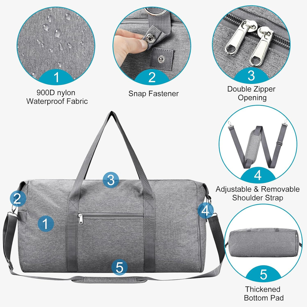 65L Duffle Bag with Shoes Compartment, Foldable Carry on Bag Travel Duffel Bags Overnight weekender Gym Bag with Wet Pocket for Women Men(Grey)