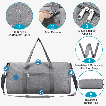 65L Duffle Bag with Shoes Compartment, Foldable Carry on Bag Travel Duffel Bags Overnight weekender Gym Bag with Wet Pocket for Women Men(Grey)