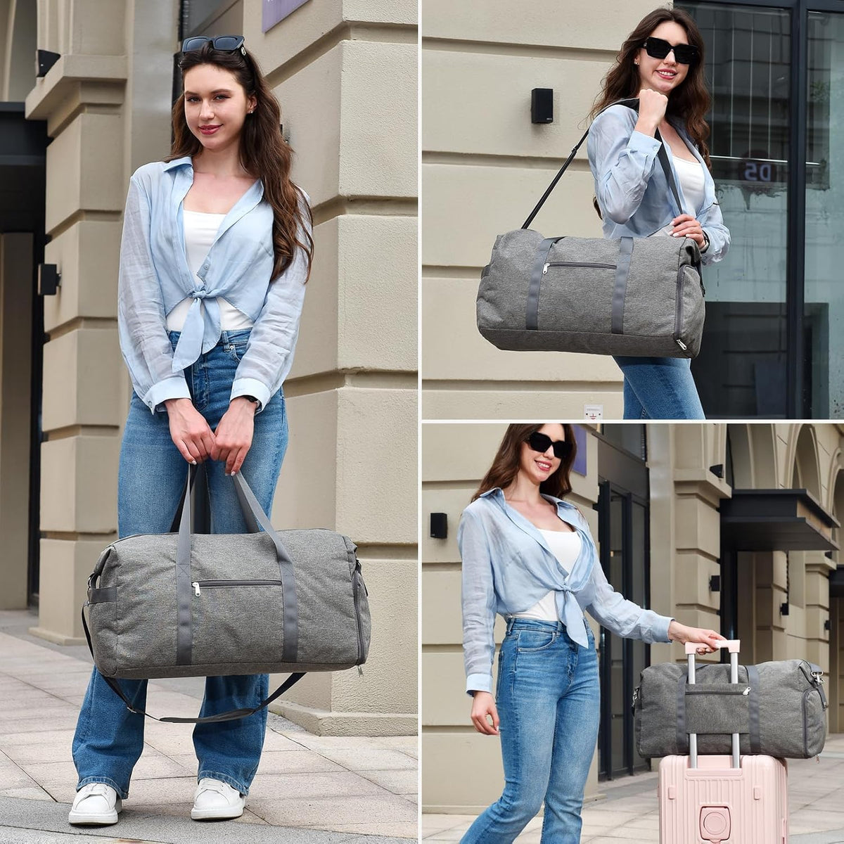 65L Duffle Bag with Shoes Compartment, Foldable Carry on Bag Travel Duffel Bags Overnight weekender Gym Bag with Wet Pocket for Women Men(Grey)