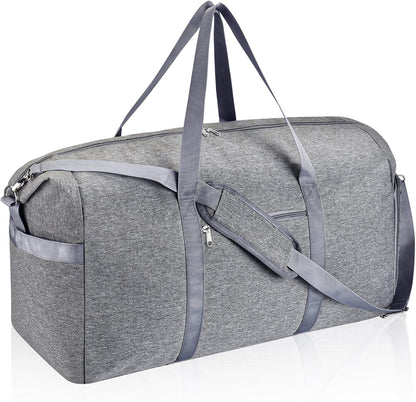 65L Duffle Bag with Shoes Compartment, Foldable Carry on Bag Travel Duffel Bags Overnight weekender Gym Bag with Wet Pocket for Women Men(Grey)