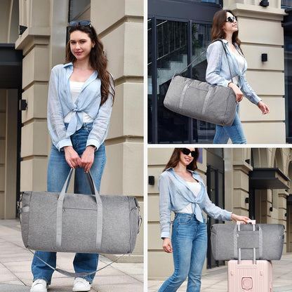 65L Duffle Bag with Shoes Compartment, Foldable Carry on Bag Travel Duffel Bags Overnight weekender Gym Bag with Wet Pocket for Women Men(Grey)