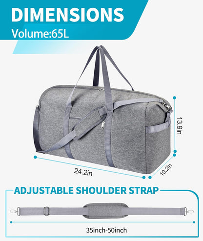65L Duffle Bag with Shoes Compartment, Foldable Carry on Bag Travel Duffel Bags Overnight weekender Gym Bag with Wet Pocket for Women Men(Grey)
