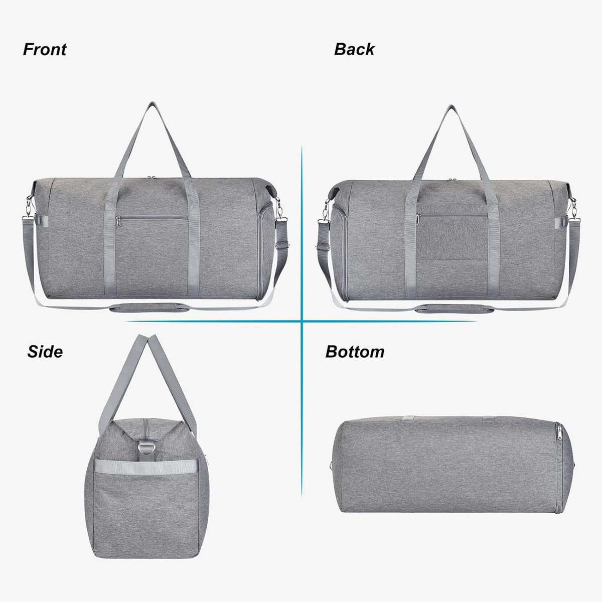 65L Duffle Bag with Shoes Compartment, Foldable Carry on Bag Travel Duffel Bags Overnight weekender Gym Bag with Wet Pocket for Women Men(Grey)