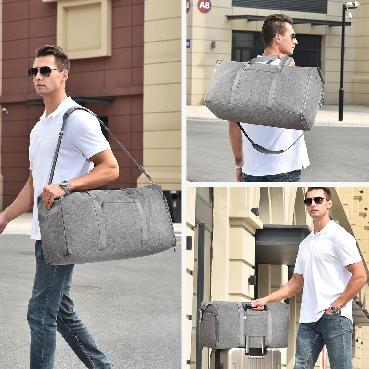 65L Duffle Bag with Shoes Compartment, Foldable Carry on Bag Travel Duffel Bags Overnight weekender Gym Bag with Wet Pocket for Women Men(Grey)