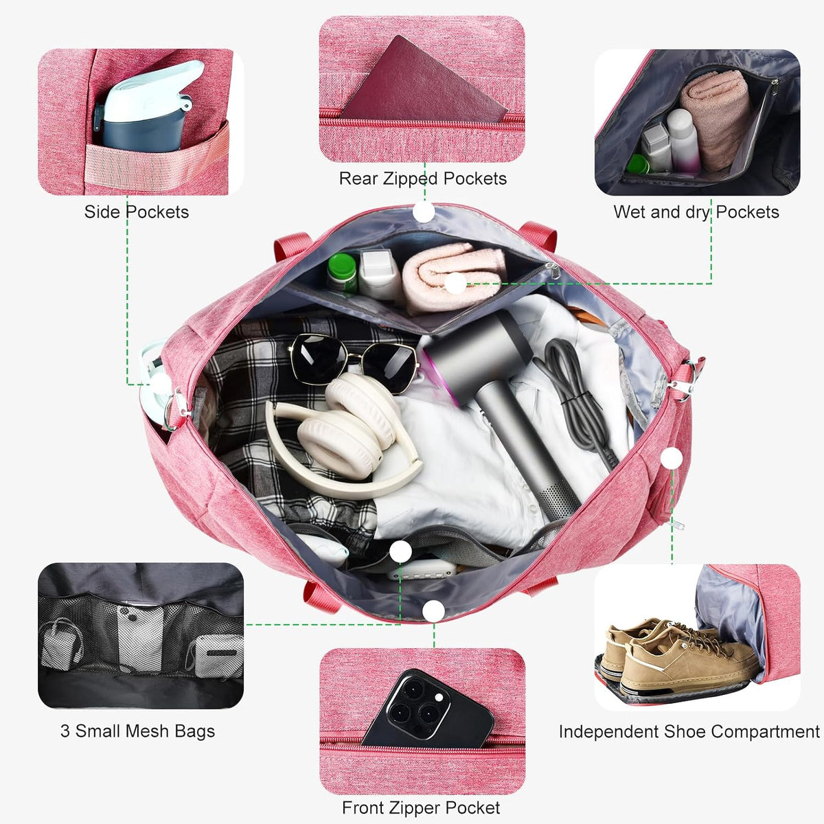 65L Duffle Bag with Shoes Compartment, Foldable Carry on Bag Travel Duffel Bags Overnight weekender Gym Bag with Wet Pocket for Women Men(Grey)