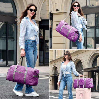 65L Duffle Bag with Shoes Compartment, Foldable Carry on Bag Travel Duffel Bags Overnight weekender Gym Bag with Wet Pocket for Women Men(Grey)