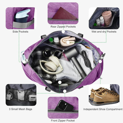 65L Duffle Bag with Shoes Compartment, Foldable Carry on Bag Travel Duffel Bags Overnight weekender Gym Bag with Wet Pocket for Women Men(Grey)