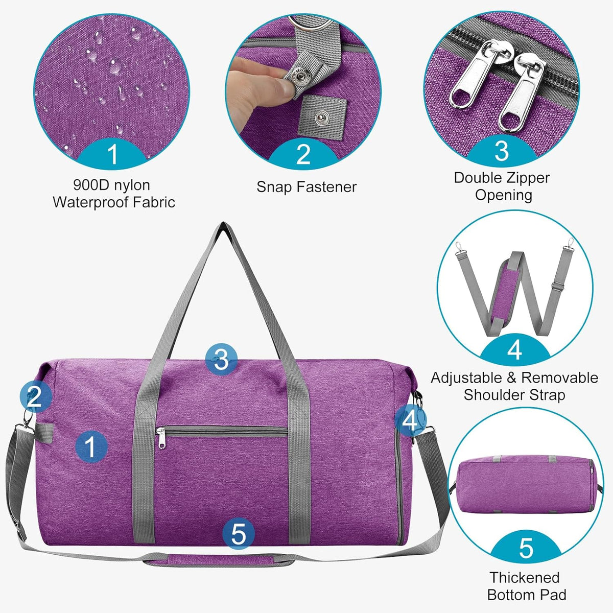 65L Duffle Bag with Shoes Compartment, Foldable Carry on Bag Travel Duffel Bags Overnight weekender Gym Bag with Wet Pocket for Women Men(Grey)