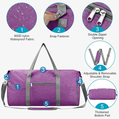 65L Duffle Bag with Shoes Compartment, Foldable Carry on Bag Travel Duffel Bags Overnight weekender Gym Bag with Wet Pocket for Women Men(Grey)