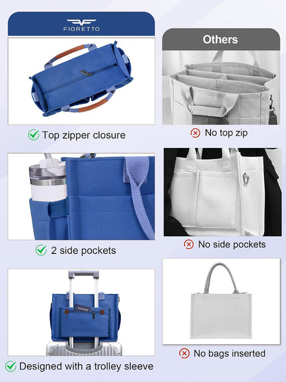 Womens Canvas Tote Bag Purse with Individual Compartment, Zipper Top, Reinforced Bottom & Luggage Sleeve