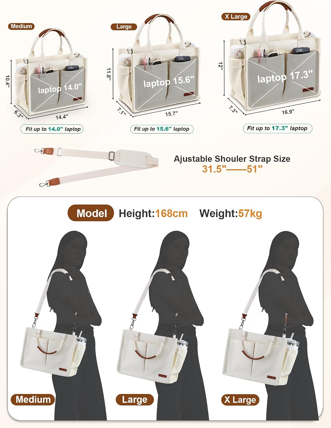 Womens Canvas Tote Bag Purse with Individual Compartment, Zipper Top, Reinforced Bottom & Luggage Sleeve