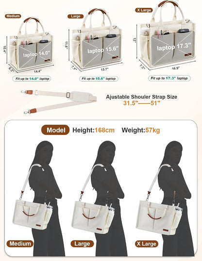 Womens Canvas Tote Bag Purse with Individual Compartment, Zipper Top, Reinforced Bottom & Luggage Sleeve